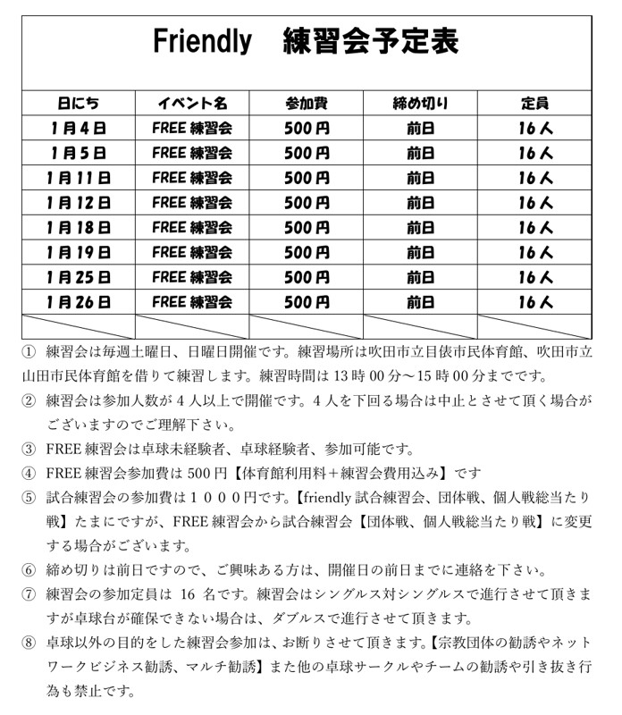 1月練習予定表